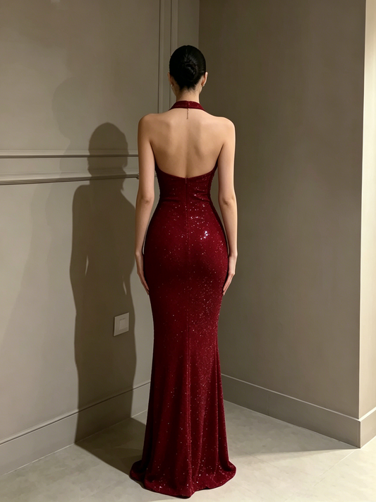 Sparkly Burgundy Halter Neck Mermaid Sleeveless Backless Glitter Long Evening Dress DP2922