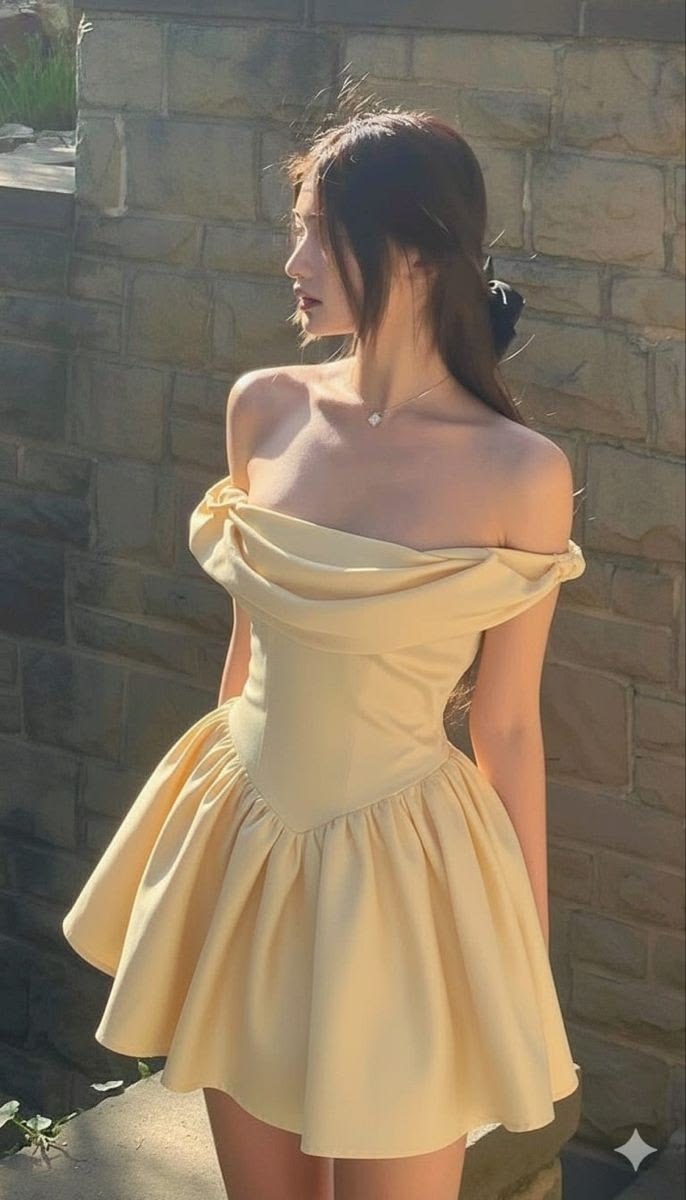 Vintage Cream Yellow Satin Off-the-Shoulder Draped A-Line Homecoming D – DSProm