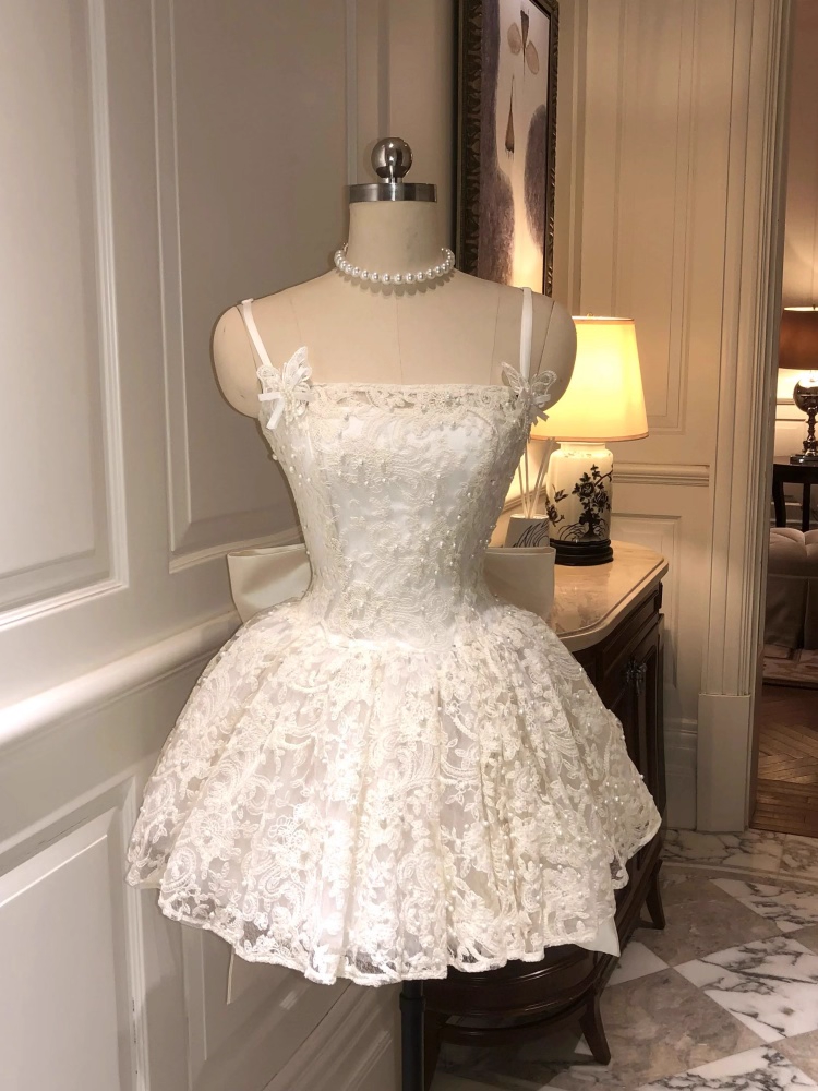 Vintage White Lace Bowknot Design Spaghetti Strap A-Line Homecoming Dress Party Dress Cocktail Dress DP6702