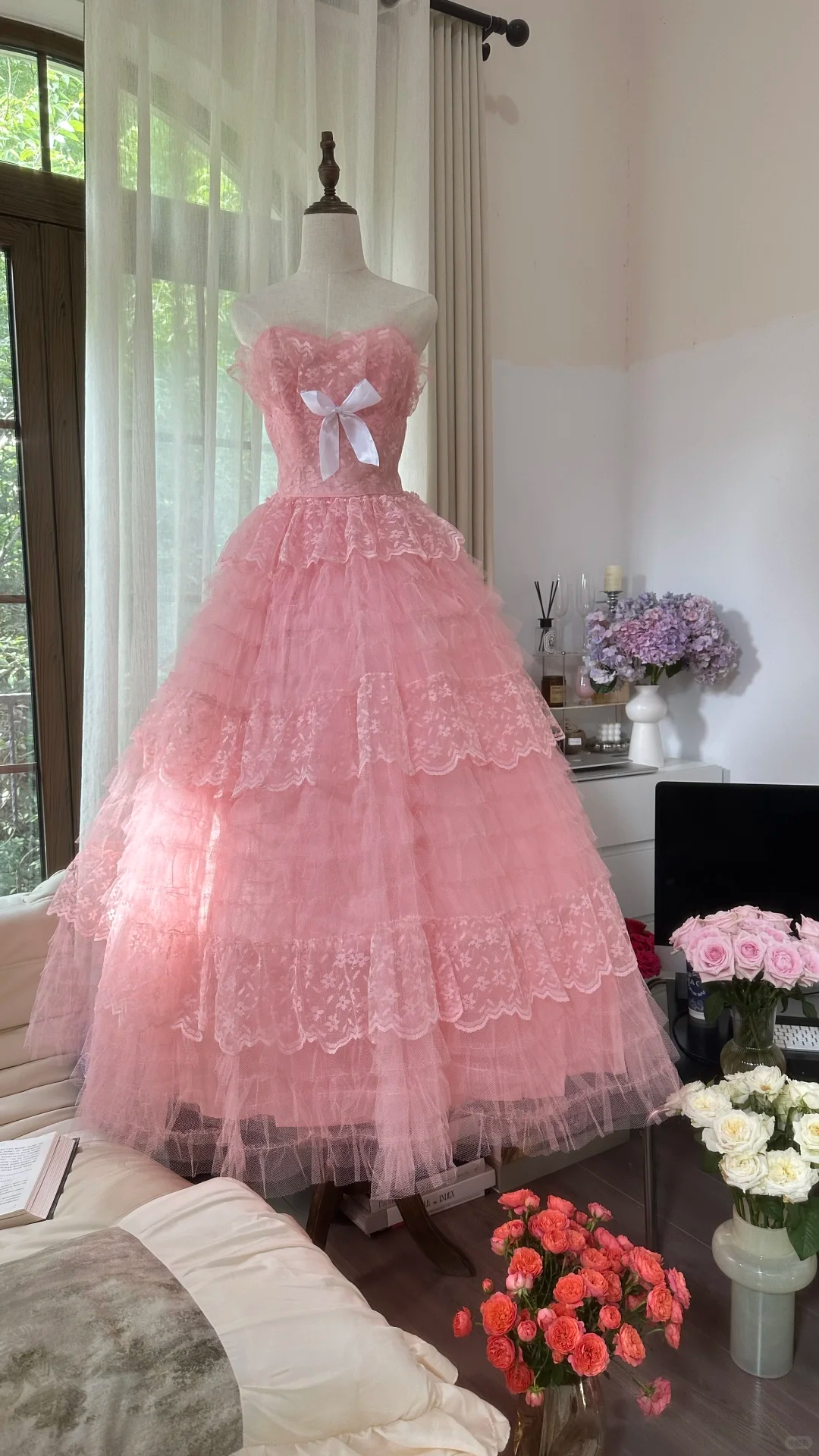 Vintage Pink Strapless Sweetheart Design Romantic Chiffon Tiered Evening Dress Prom Dress, DP5990