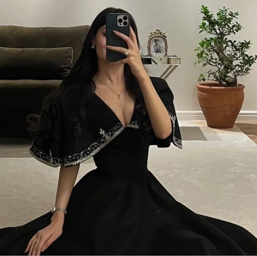 Black V Neck A-Line Long Prom Dress Unique Occasion Dress, DP3476