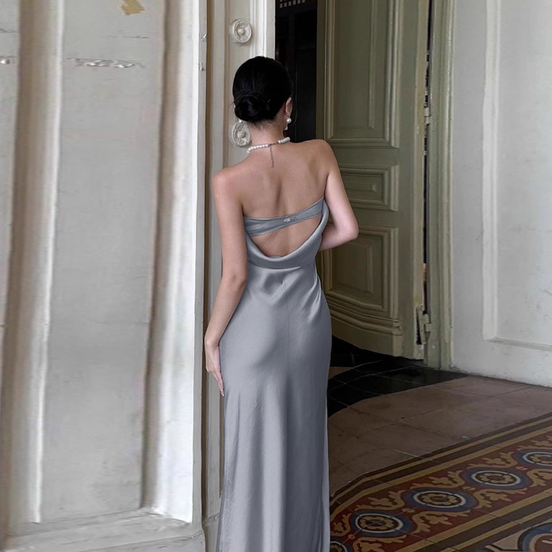 Enchanting Silvery Strapless Satin Mermaid Long Prom Dress Evening Dress DP6409