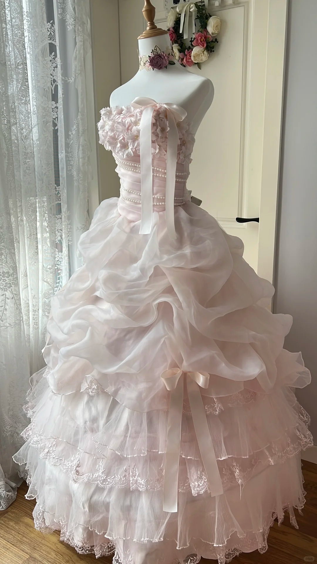 Glamorous Light Pink Tiered Tulle Strapless Ruffled Sweet 16 Quinceanera Ball Gown DP7301