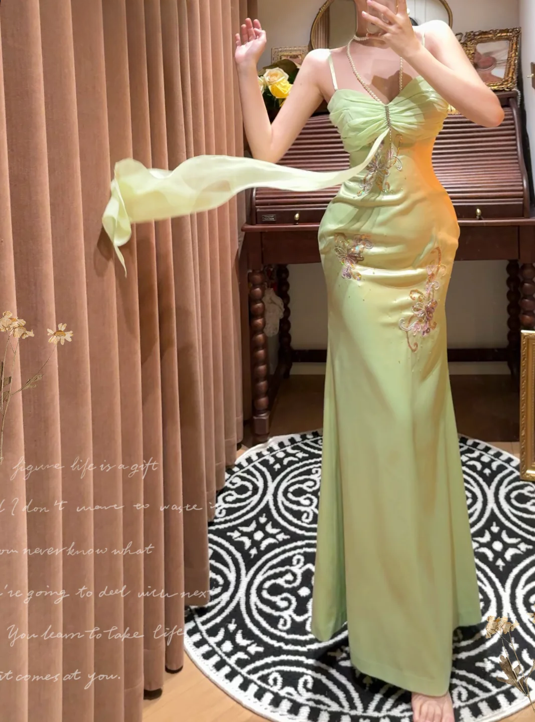 Vintage Sage Green Spaghetti Strap Intricate Embroidery & Chiffon Drape Evening Gown DP7260