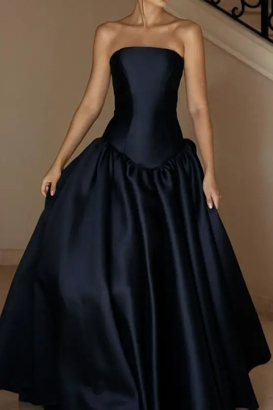 Robe de soirée longue en satin bleu marine, coupe trapèze, sans bretelles, DP3653