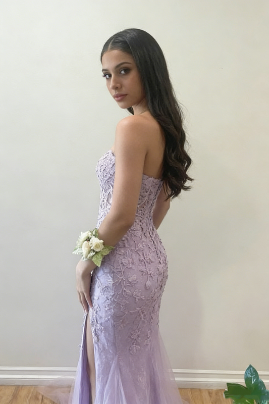 Enchanting Lavender Floral Applique Mermaid Prom Gown with High Slit DP8030