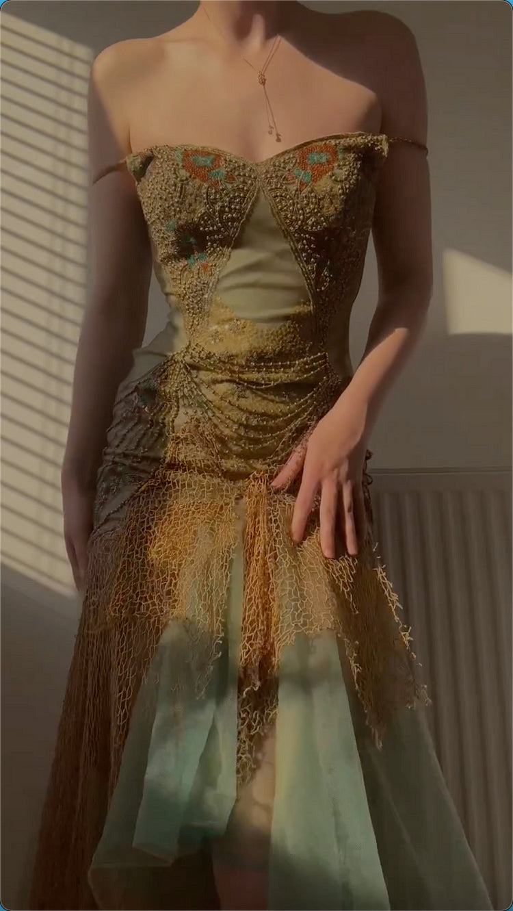 Robe de bal vintage verte en mousseline de soie brodée de perles, coupe trapèze, bretelles spaghetti, robe de soirée longue, robe formelle DP6669