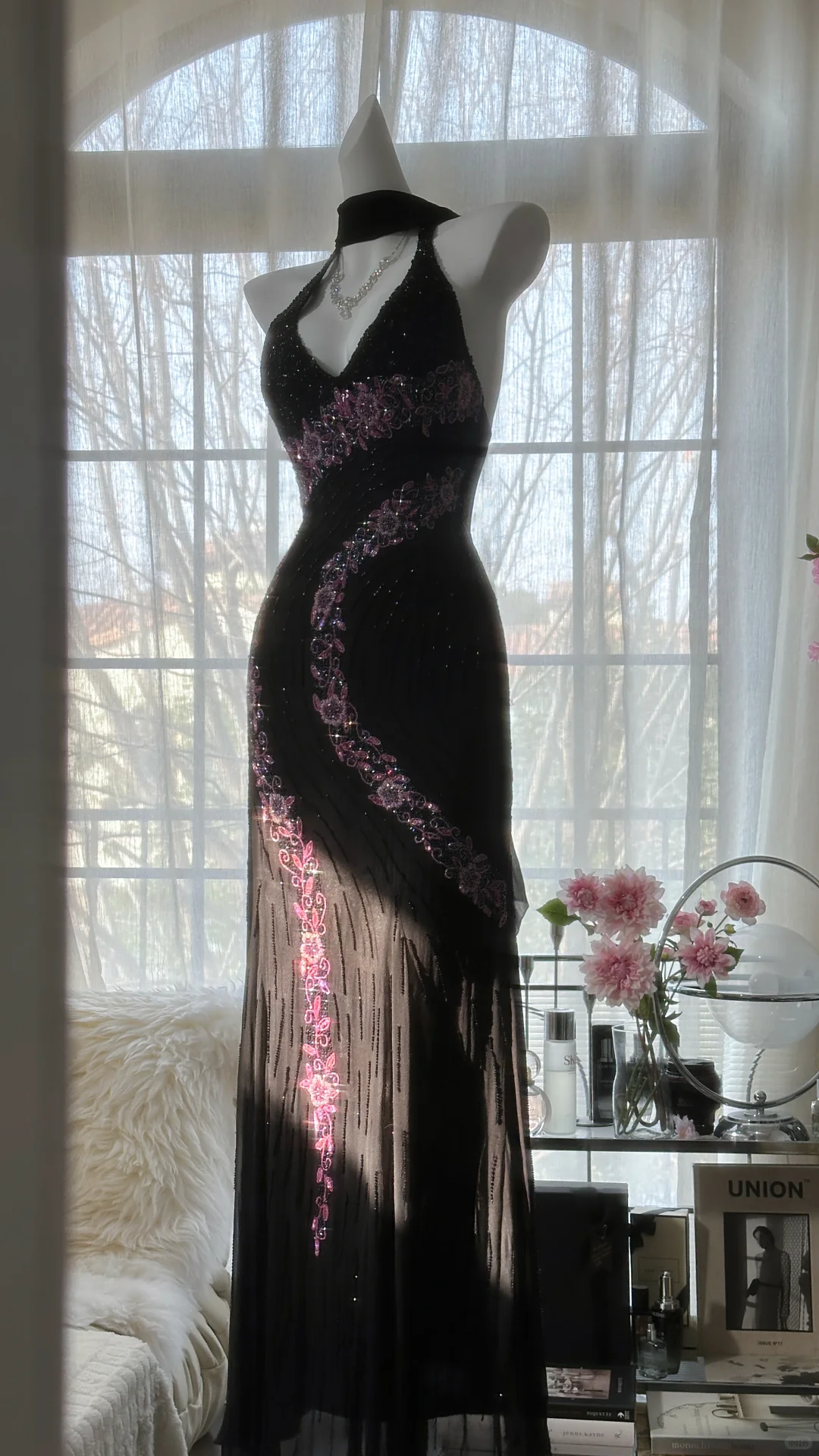 Retro Black V-neck Applique Design Romantic Chiffon Evening Dress Prom Dress DP6022