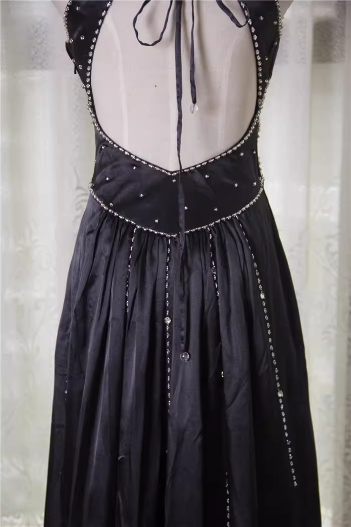 Glamorous Black Sleeveless Evening Gown Beaded Bodice A-Line Satin Prom Dress DP7607