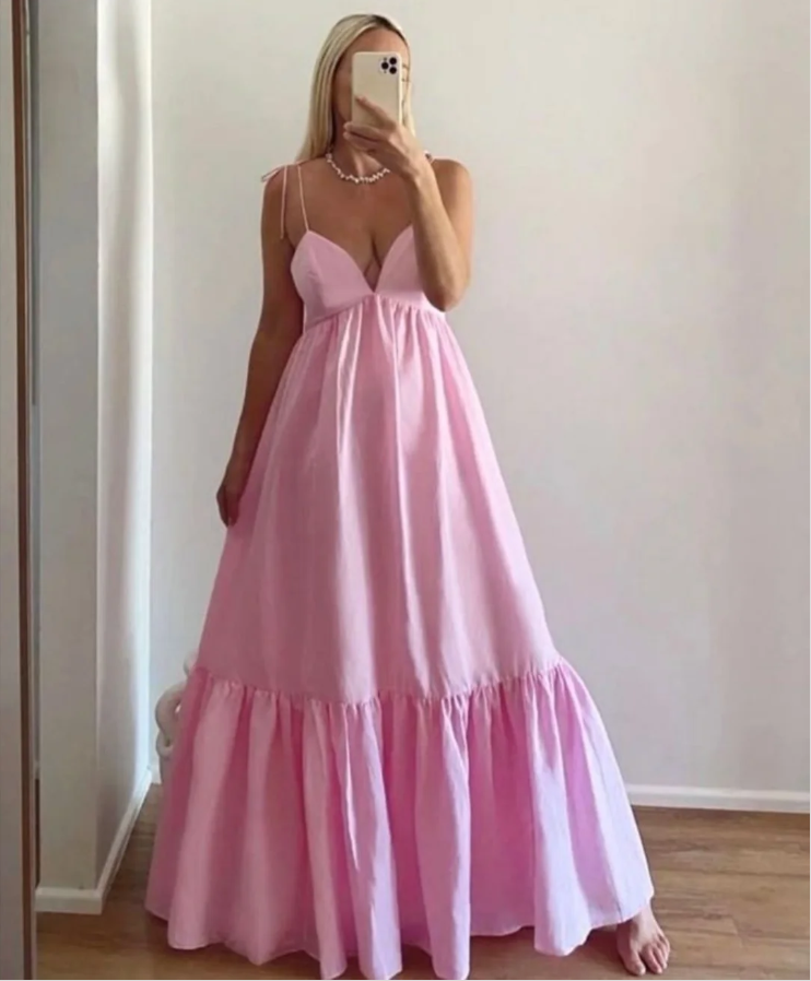 Pink Spaghettti Straps A-Line Party Dress Wedding Guest Dress, DP4135