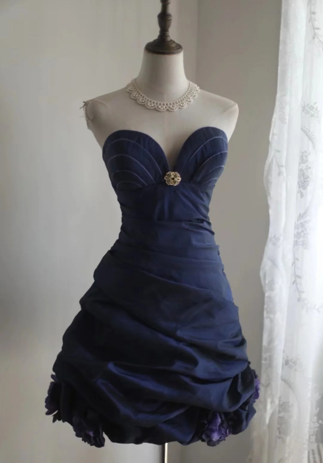 Robe de soirée vintage bleu marine à décolleté en cœur, coupe trapèze, sans bretelles, DP5806