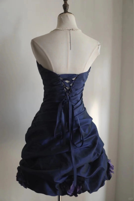 Robe de soirée vintage bleu marine à décolleté en cœur, coupe trapèze, sans bretelles, DP5806
