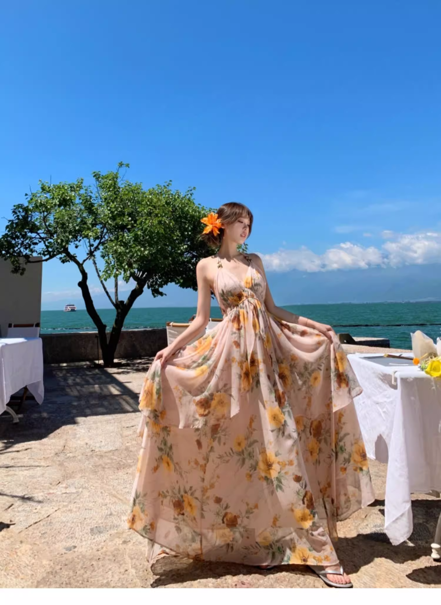 Robe trapèze sans manches à col en V et motif floral, élégante, idéale pour les vacances à la plage, DP6257