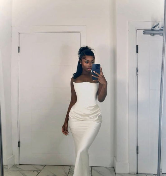 White Strapless Mermaid Satin Long Evening Party Dress, DP3757