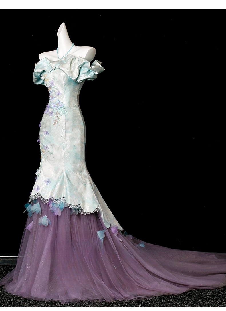 Chic Embroidery Beaded Mermaid Off-the-shoulder Prom Dress 3D Butterflies Evening Gown Party Dress Long Formal Dress DP6902
