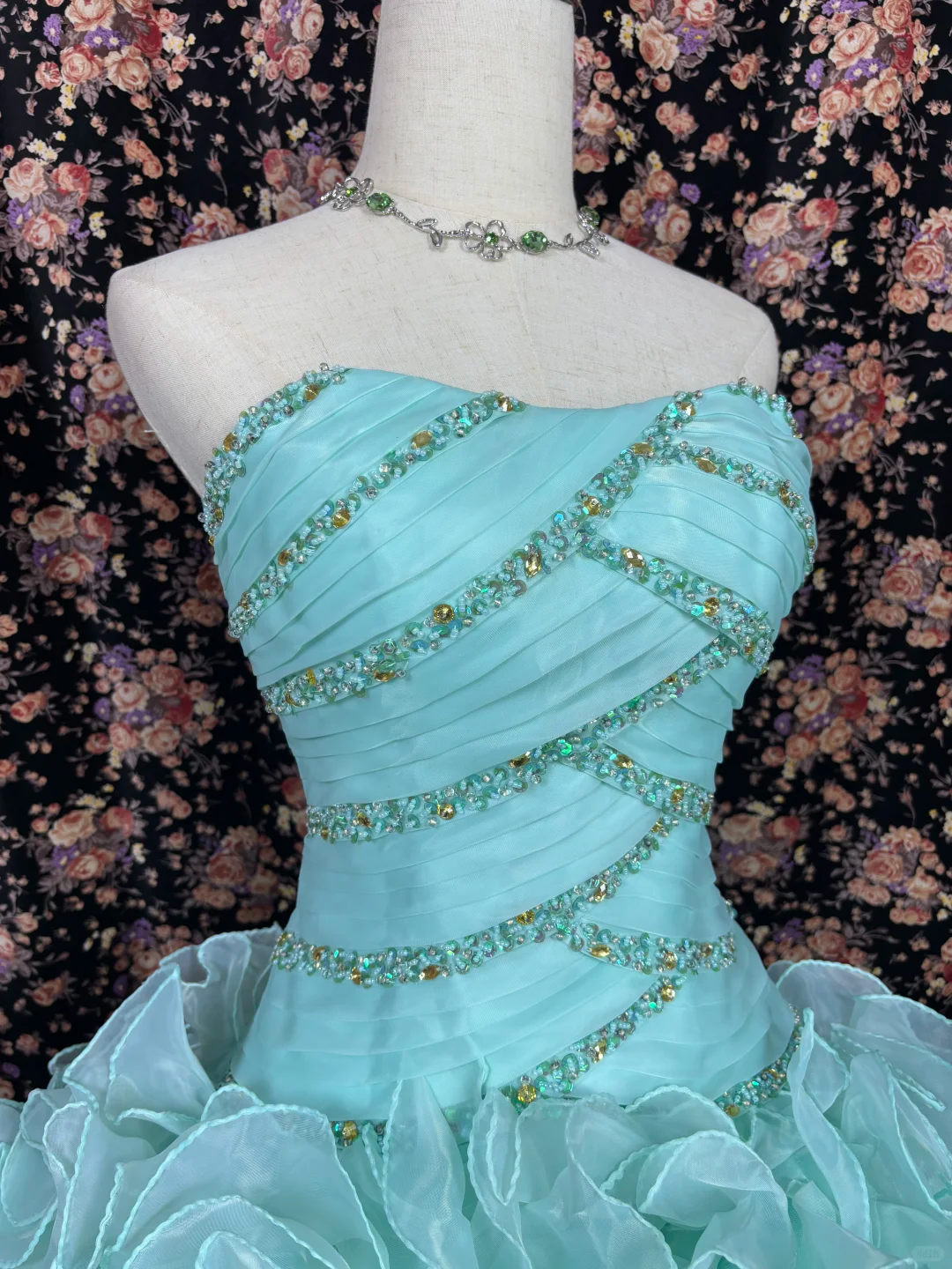 Vintage Blue-green Tulle Beaded Strapless Quinceanera A-Line Evening Dress Prom Dress Ball Gown DP6272