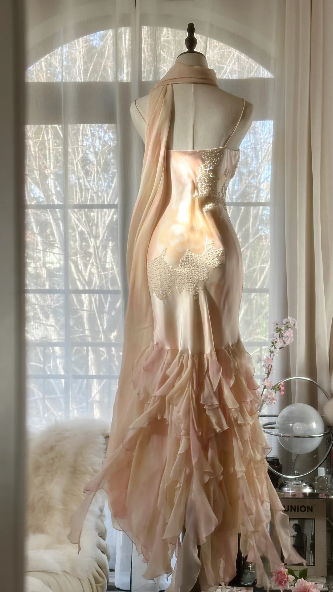 Vintage Mermaid Beaded Floral Design Romantic Chiffon Evening Dress Prom Dress DP6019