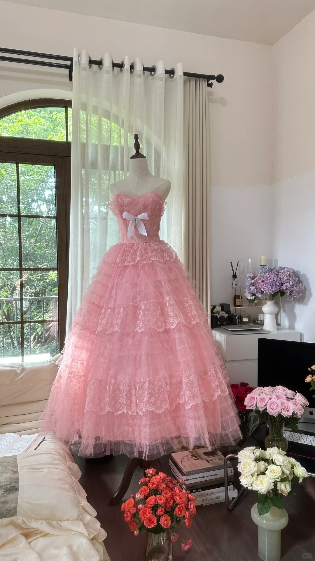 Vintage Pink Strapless Sweetheart Design Romantic Chiffon Tiered Evening Dress Prom Dress, DP5990