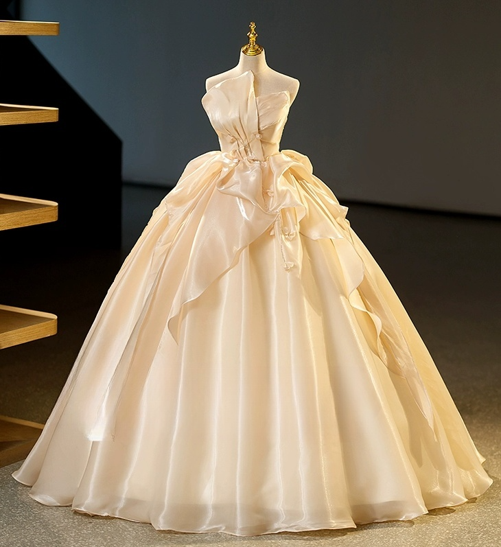 Vintage Champagne A-Line Sweet 16 Quinceanera Ruffled Strapless Evening Dress Floor Length Ball Gown DP6900