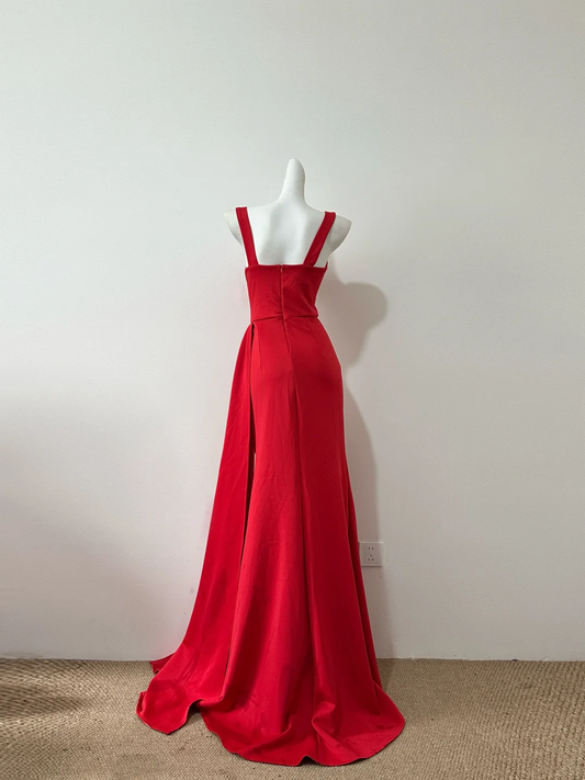 Glamorous Red Satin Mermaid Prom Dress Sweetheart Ruched Split Formal Evening Gown DP8247