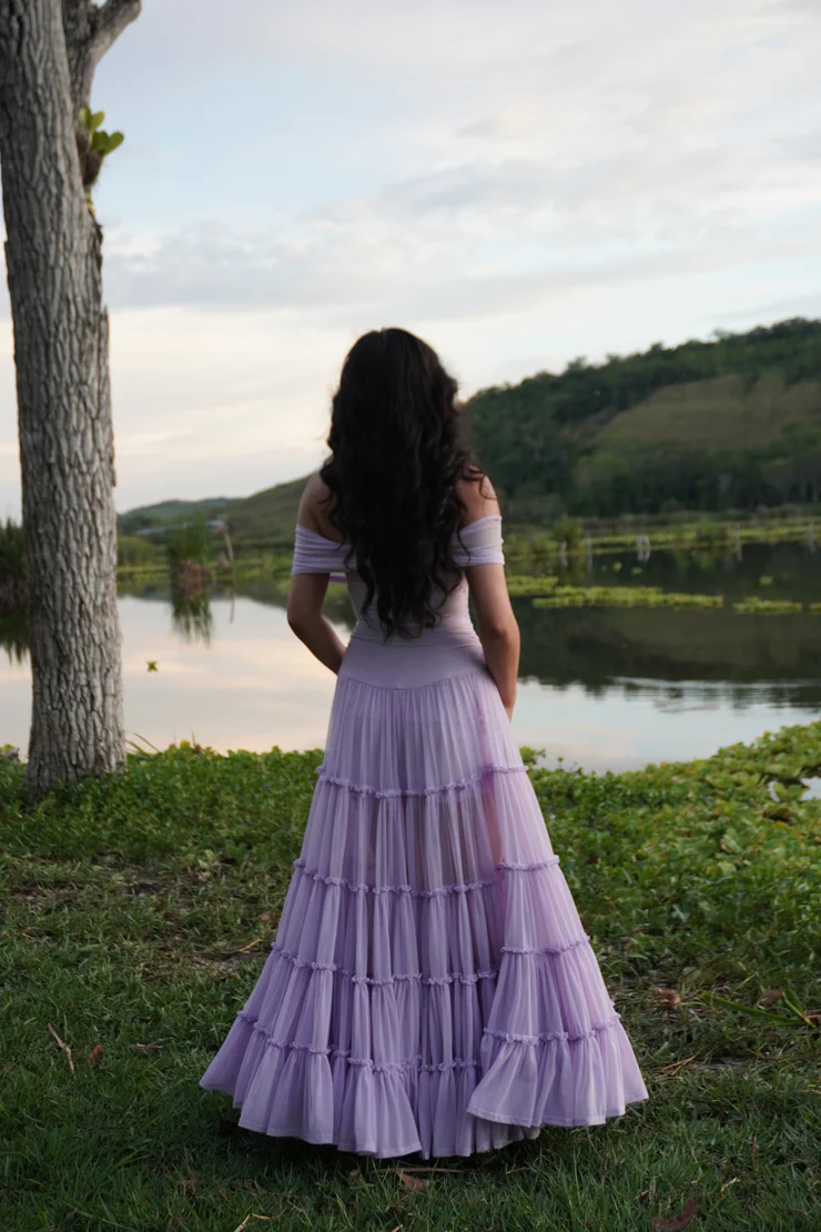 Elegant Lavender Off-the-Shoulder Tiered Tulle A-Line Prom Dress DP8457