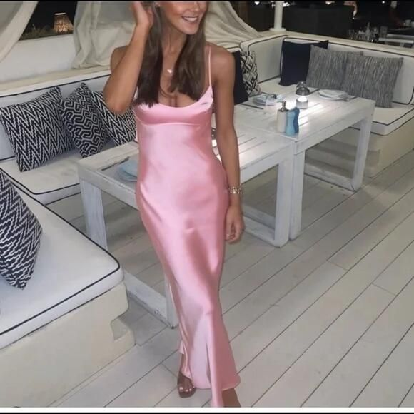 Pink Spaghetti Straps Satin Long Party Dress Wedding Guest Dress, DP3385