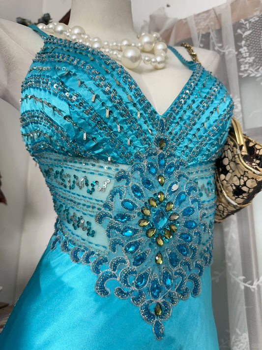 Vintage Turquoise Satin Mermaid Evening Dress Beaded High Slit Prom Dress DP8326