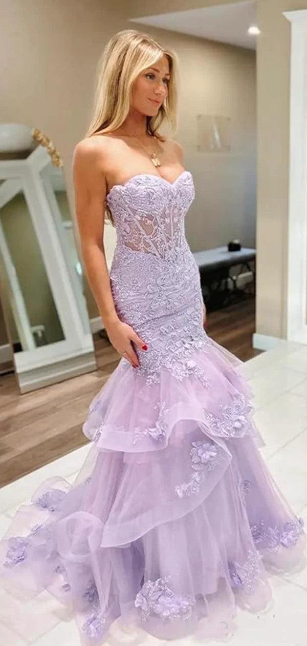 Elegant Lilac Strapless Lace Mermaid Tiered Tulle Prom Gown Evening Dress DP8058