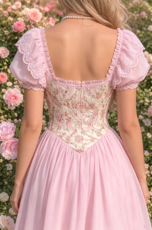 Vintage Pink Floral Square Neck Puffy Sleeve A-Line Homecoming Dress DP8543