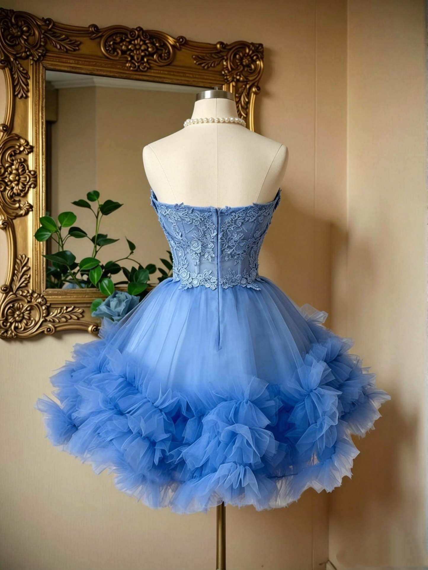 Vintage Light Blue Strapless Sweetheart Lace Tulle A-Line Homecoming Dress DP8547