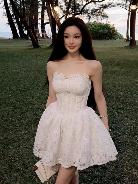 Vintage White Lace Strapless A-Line Homecoming Dress Party Dress Cocktail Dress DP6711