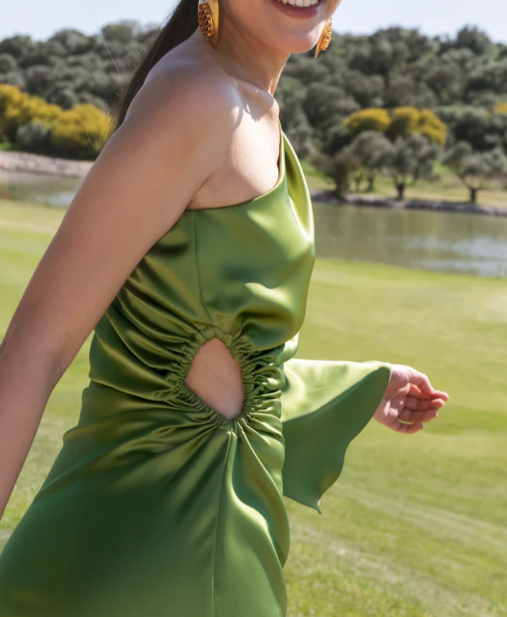 Robe de soirée longue verte asymétrique, DP850