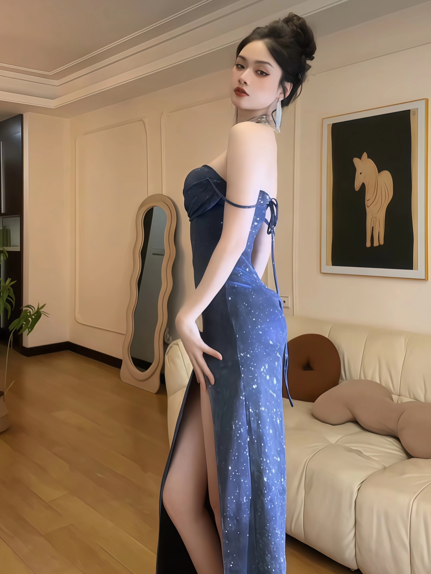 Vintage Marineblau Glänzende Pailletten Liebsten Spaghetti Strap Etuikleid Hoher Schlitz Lange Sommerkleider Ballkleid Abendkleid DP6389