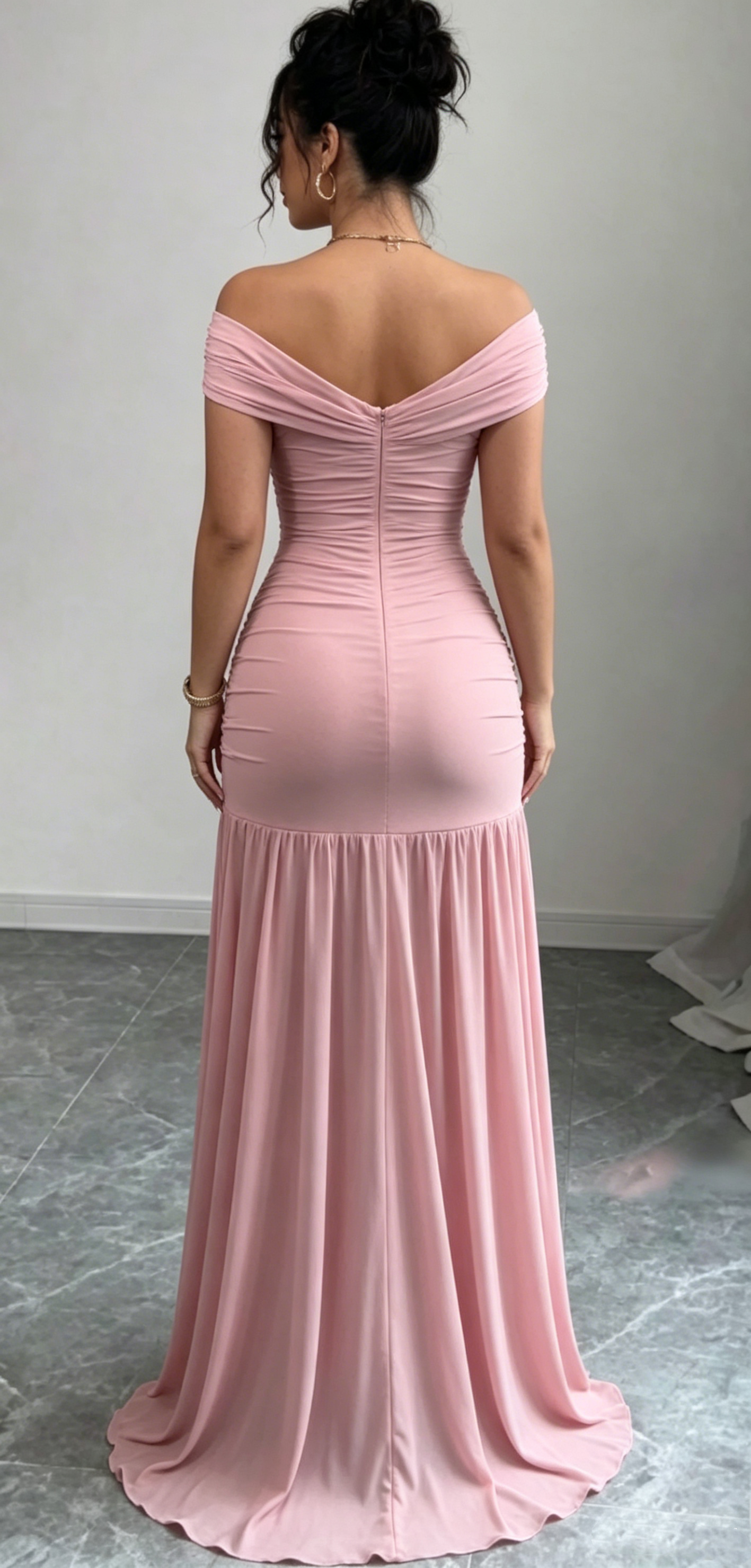 Elegant Pink Cross Off Shoulder Ruched Evening Gown Party Dress DP8582