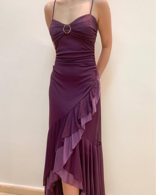 Dark Purple Spaghetti Straps Ruffles Vintage Long Prom Dress, DP3747