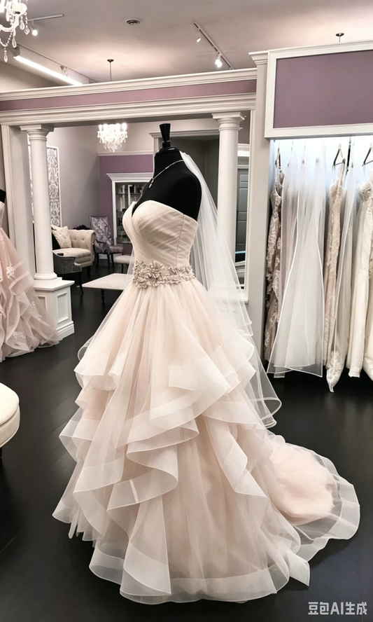 Romantic Strapless Sweetheart Tiered Ruffle Tulle Beaded Wedding Dress DP8614