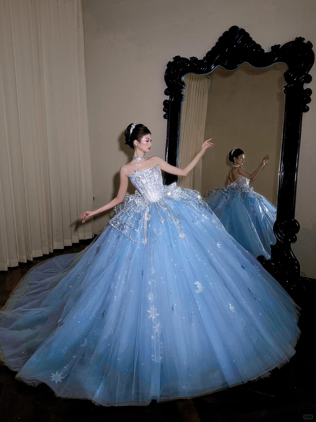 Elegant Light Blue Strapless Corset Star & Moon Sequins Sweet 15 Quinceanera Ball Gown DP8311