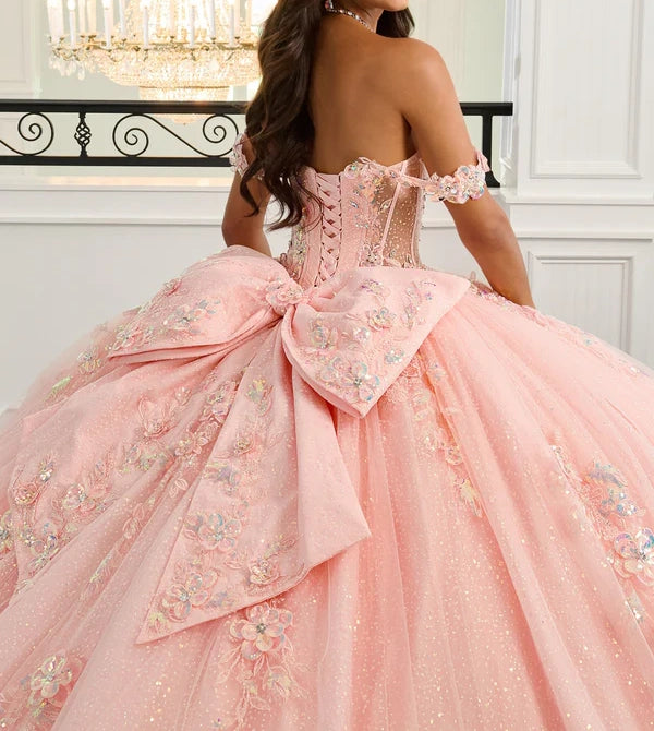 Elegant Off-the-Shoulder 3D Floral Applique Glitter Tulle Sweet 15 Quinceanera Ball Gown DP8174