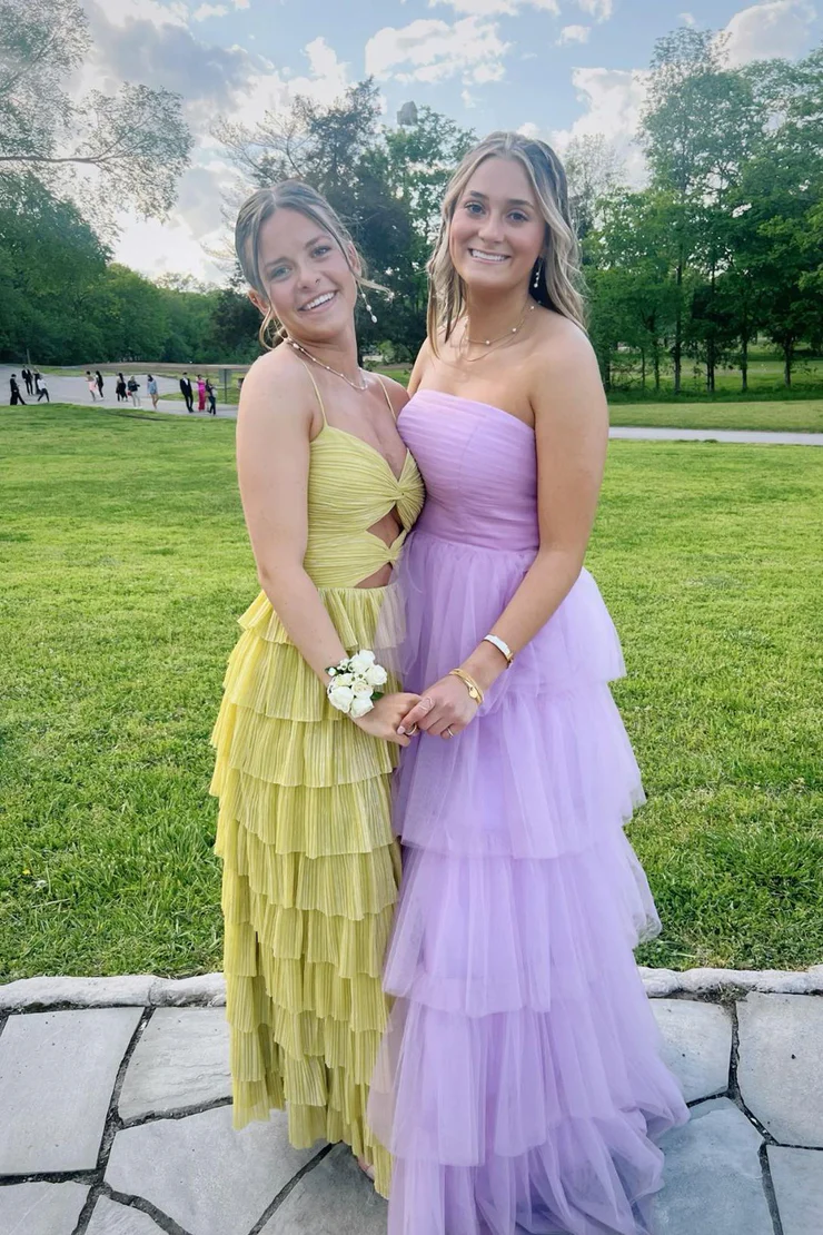 Yellow Spaghetti Straps A-Line Tiered Long Prom Dress,DP1881