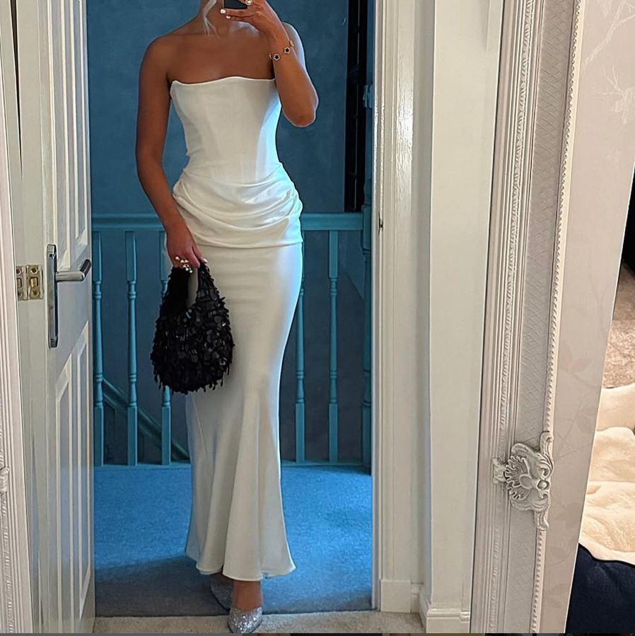 White Strapless Mermaid Satin Long Evening Party Dress, DP3757
