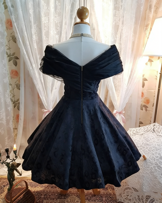 Vintage Dark Navy Off-Shoulder A-Line Chiffon Short Party Dresses Homecoming Dresses DP5656