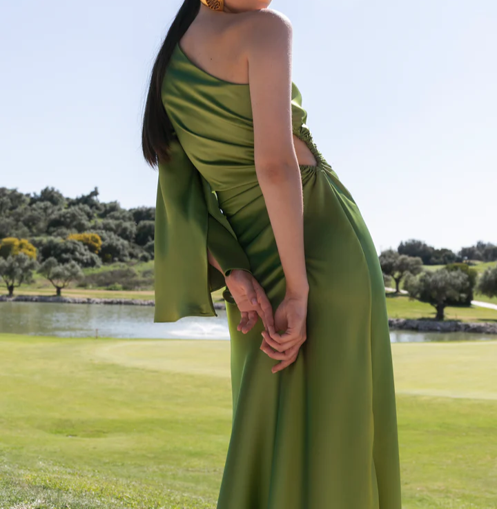 Robe de soirée longue verte asymétrique, DP850
