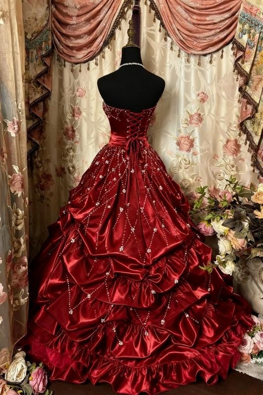 Vintage Burgundy Satin Beaded Ruffled Layers Strapless Quinceanera Sweet 15 Ball Gown DP7176