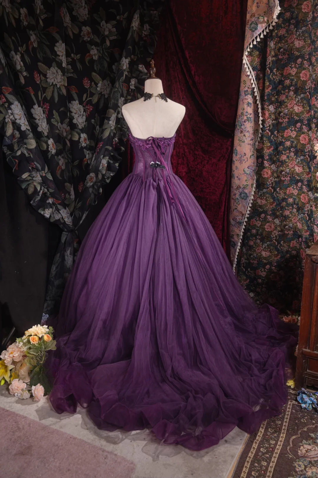 Vintage-Inspired Purple Tulle Strapless Lace Applique Sweet 16 Quinceanera Ball Gown DP7408