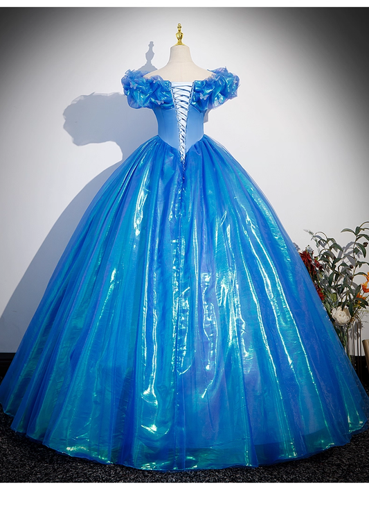 Vintage Blue Off-the-shoulder Tulle Sweet 16 Quinceanera Cinderella Style Evening Dress A-Line Floor Length Ball Gown DP6914