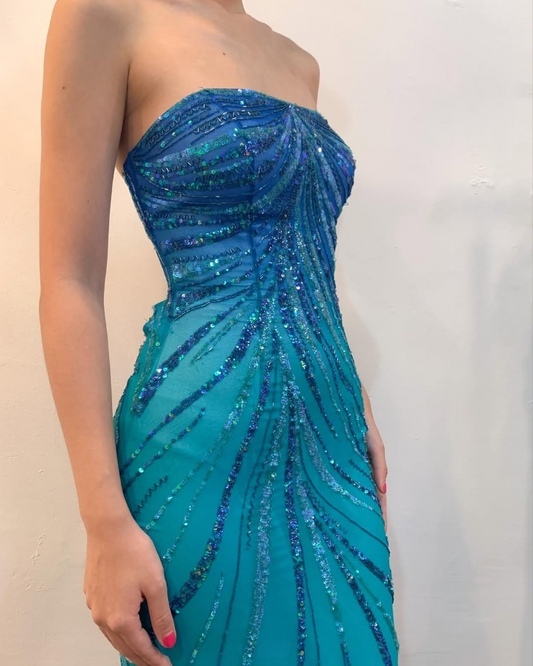 Blaues trägerloses Meerjungfrau-Pailletten-Vintage-Partykleid, DP3987