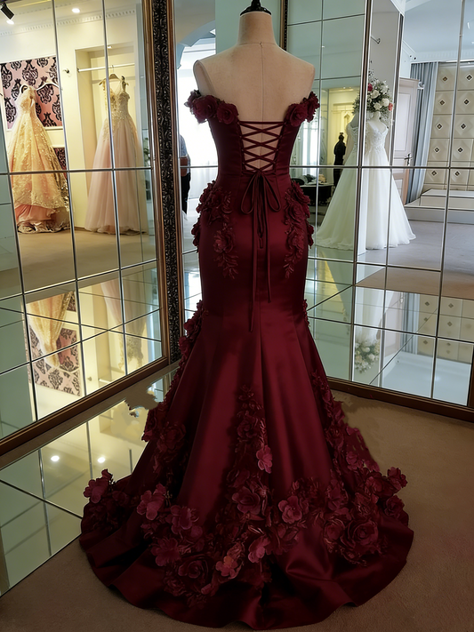 Vintage Burgundy Strapless Sweetheart Mermaid 3D Floral Appliques Evening Dress DP8091
