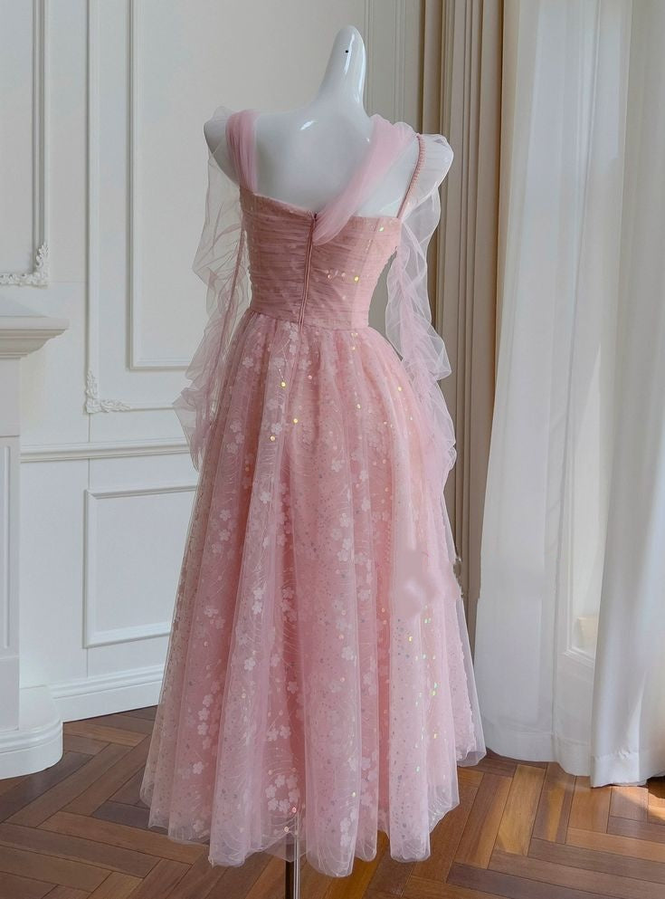 Vintage Pink Tulle Prom Dress Floral Applique Sheer Tulle Sleeves Evening Gown DP8286