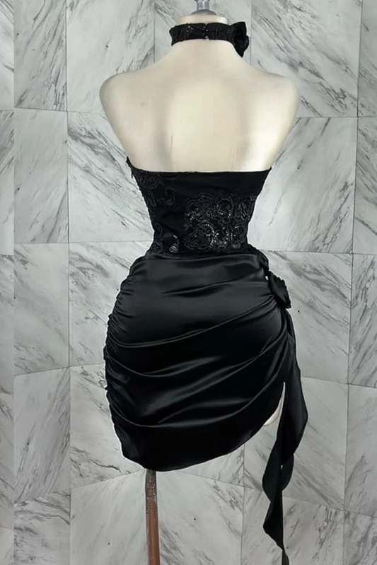 Black Sweetheart Lace Satin Short Party Dress Mini Birthday Outfits, DP4019