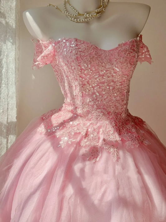 Romantic Pink Sequined Off-the-Shoulder Lace Tulle Homecoming Dress DP7958
